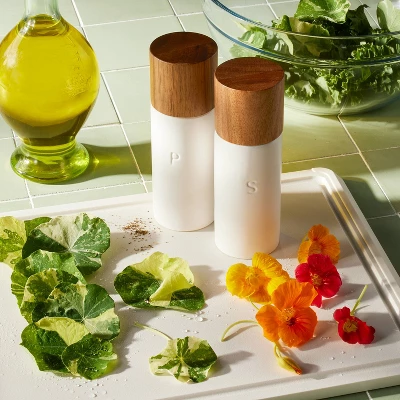 Ceramic Salt And Pepper Grinder Set Cream - Figmint™: Wood & Stoneware, 6.25" Height, 55 Volume Capacity, 2-Piece Set 1 Ceramic Salt And Pepper Grinder Set Cream - Figmint™: Wood & Stoneware, 6.25" Height, 55 Volume Capacity, 2-Piece Set