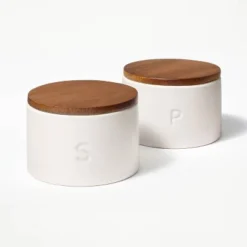 Set Of 2 Stoneware Salt And Pepper Cellar With Wood Lid Cream - Figmint™ -Figmint Sale Store GUEST 82c0c790 ff9c 4ee8 a74a e762029df829